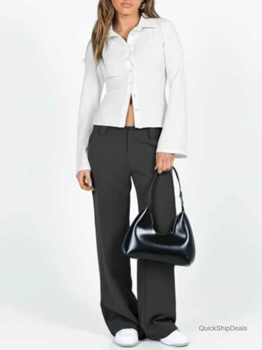 Striped Long Sleeve Button Down Shirt Slim Fit V-Neck Blouse - Picture 4 of 7